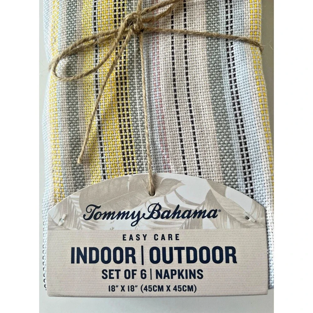 Tommy Bahama Napkins Striped Blue Yellow Tan Beach 18X18 Indoor Outdoor Set Of 6